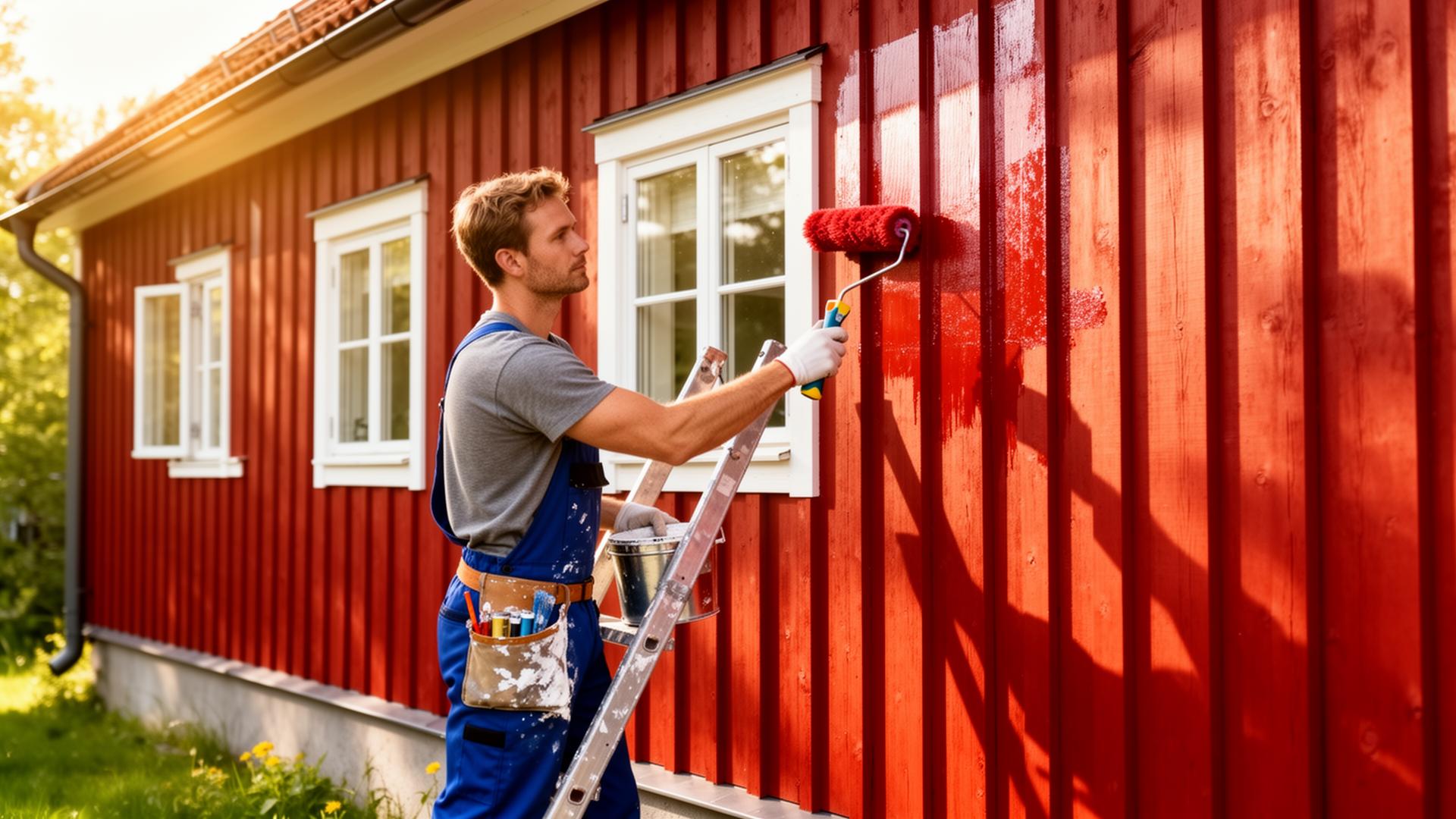 Målare från Z-Måleri målar röd träfasad på villa i Halmstad